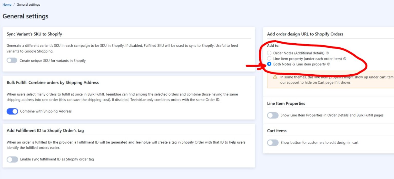 Teeinblue order design URL setting configured as Both Notes and Line item property