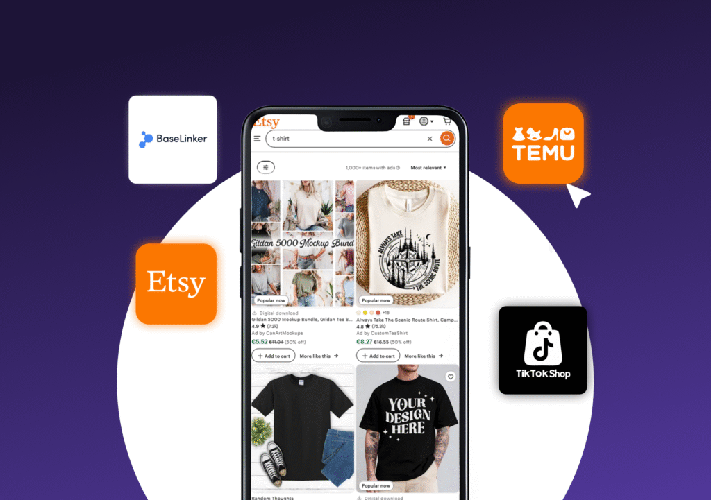 Marketplace integrations with Snapwear – Etsy, Temu, TikTok Shop and BaseLinker connection for automated Print on Demand sales.