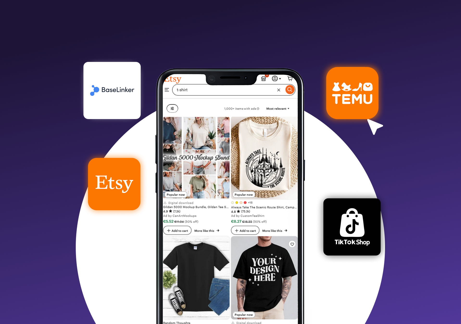 Marketplace integrations with Snapwear – Etsy, Temu, TikTok Shop and BaseLinker connection for automated Print on Demand sales.