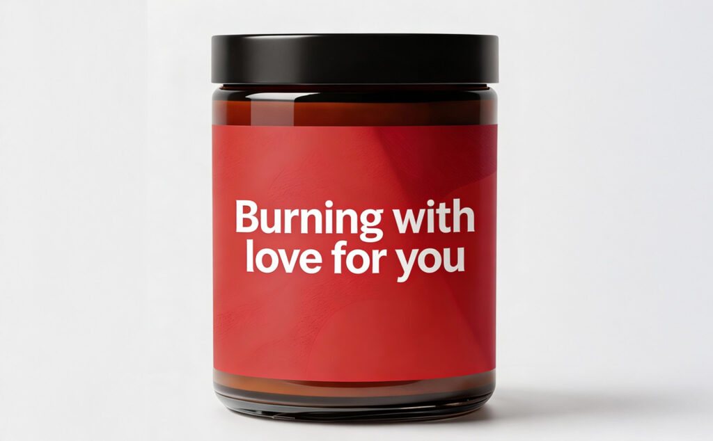 Custom Valentine's Candle with Print on Demand - the text on the candle label says Burning with love for you